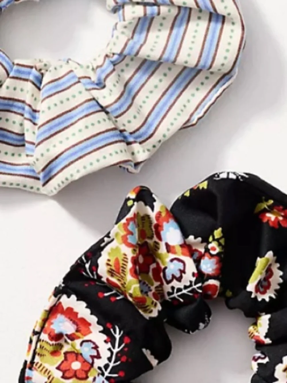 Anthropologie Striped Cream & Blue Scrunchie + Black Floral Scrunchie (Set of 2)